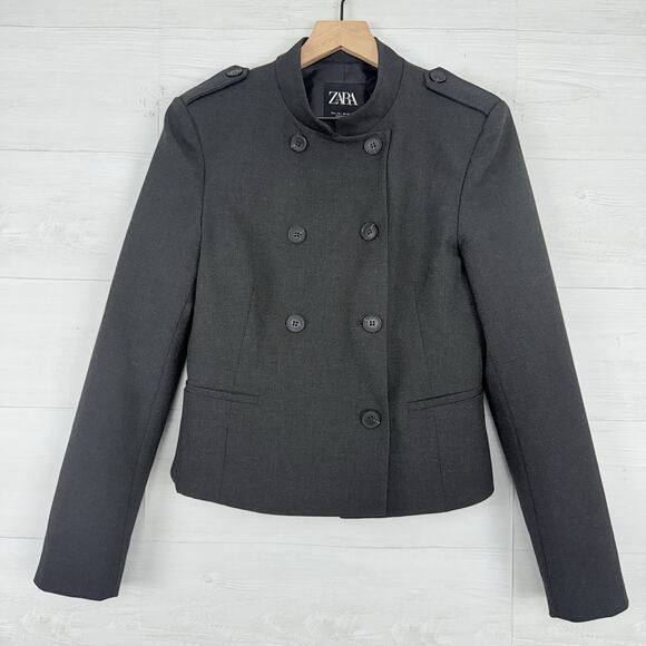 Zara Fitted Blazer Jacket with Tabs Medium Dark Gray Academia Double Breasted - Picture 1 of 16